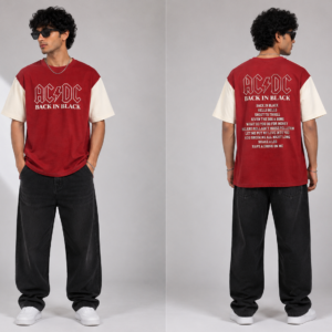 Men’s Oversized AC/DC Printed T-Shirt | Red Streetwear Baggy Fit Half Sleeve Tee