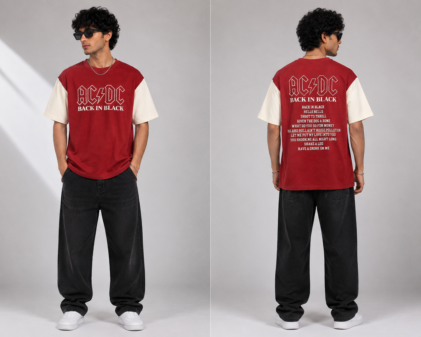 Men’s Oversized AC/DC Printed T-Shirt | Red Streetwear Baggy Fit Half Sleeve Tee
